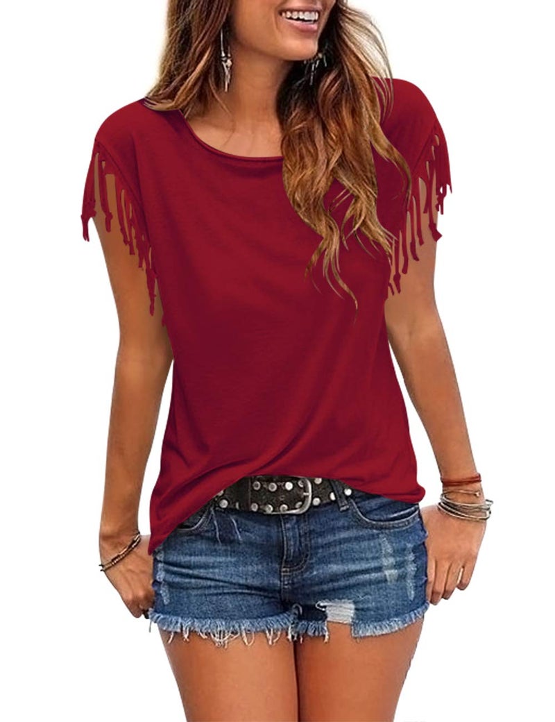 Cosonsen Women's Tassel Short Sleeve Round Neck T-Shirt Top Casual Summer Tee